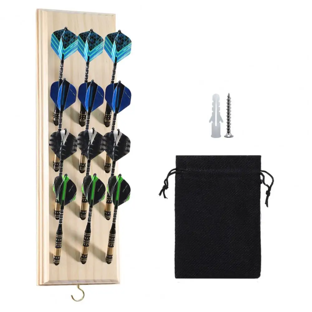 Kompaktowy organizer na rzutki Drewniany uchwyt na rzutki montowany na ścianie z metalowym haczykiem Stojak na akcesoria do przechowywania 12 stalowych/miękkich końcówek