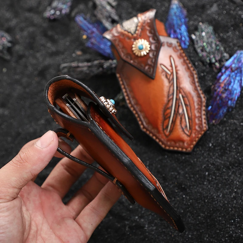 1PC Handmade Vegetable Tanned Leather Engraved Pocket Knife Holster with Buckle Case Easy to Carry Leather Folding Knife Sheath