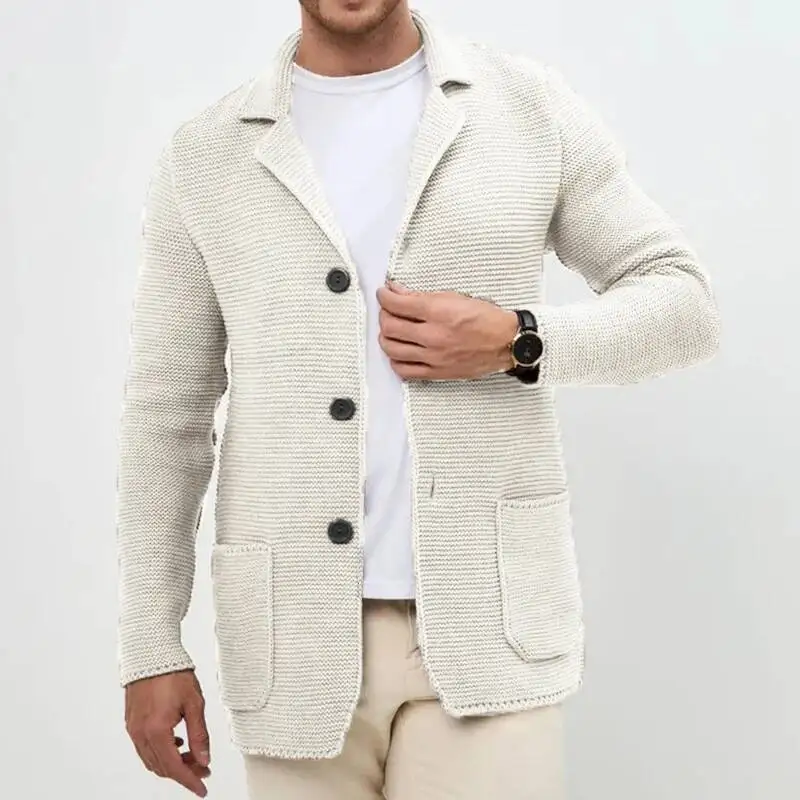 Kardigan Rajut Pria Santai Musim Gugur, Atasan Trendy Kerah Lipat Kancing Depan, Jaket Sweater Mantel Pria, Sweatercoat Vintage