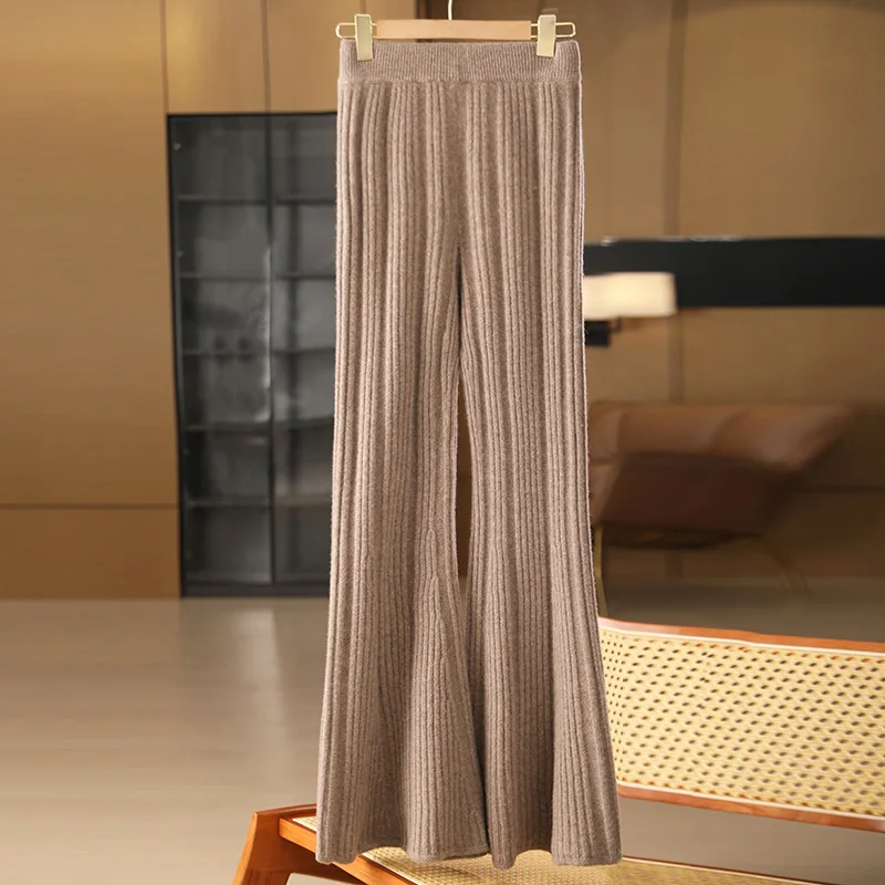 Women's pure cashmere knit wide-leg harem pants with a relaxed fit and a long, flared silhouette.