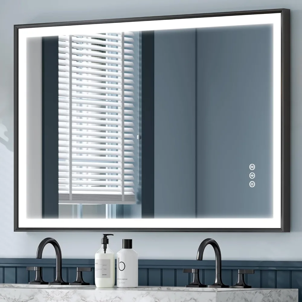 48x32 Inch Beveled Framed LED Mirror for Bathroom, Brushed Black AL Alloy, Front Light with 3 Colors & Dimmable