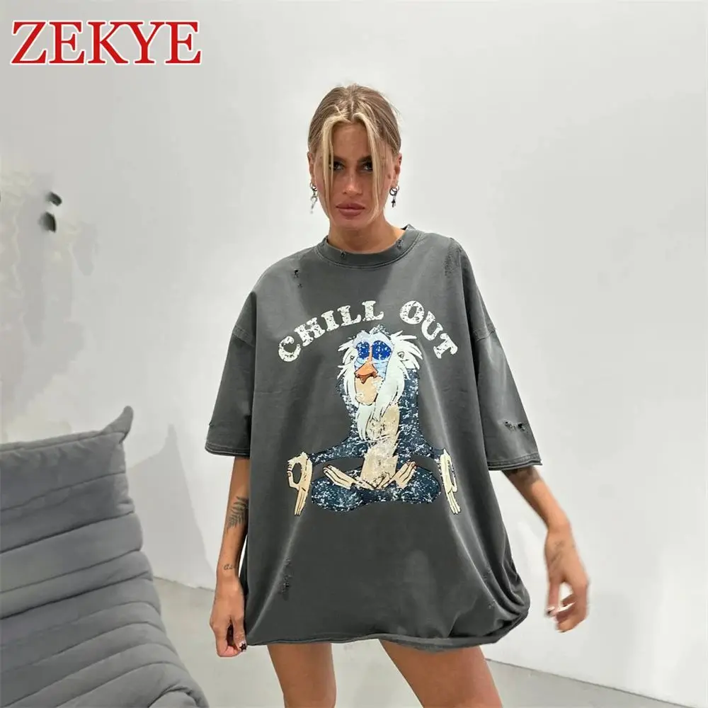 Zekye Vintage Distressed Oversized T Shirt Woman Cotton Monkey Grey Loose Streetwear Basic Short Tee Shirts Retro Fashion Hippie