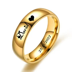 NUOBING 6MM Gold Stainless Steel Lover Couple Wedding Band Rings for Women Men Custom Engrave Name Date Valentine's Day Gift