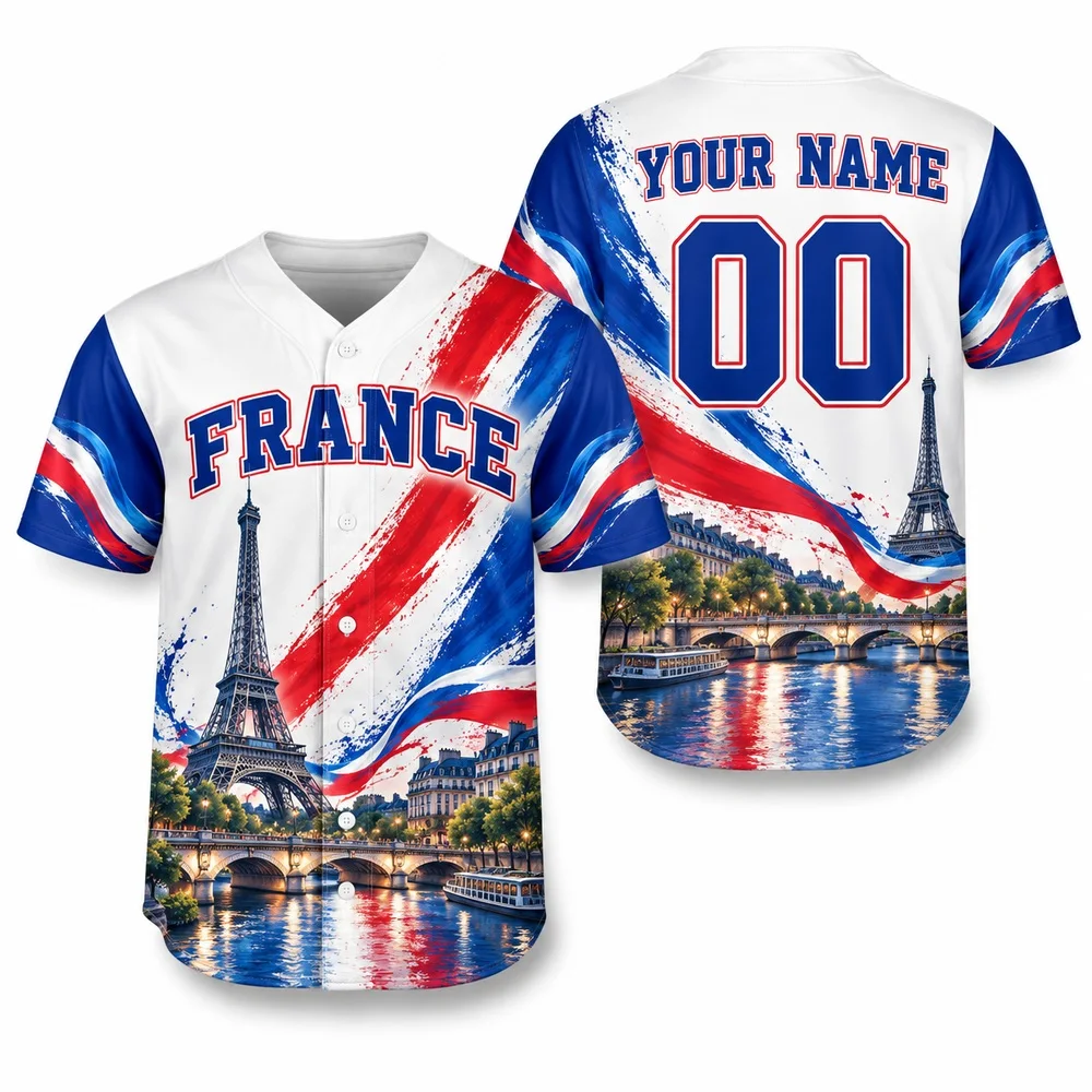 Paris Landmark Baseball Jersey in France Colors Jerseys Shirt with Alpine Scenery and Custom Name Landscape Print Shirts