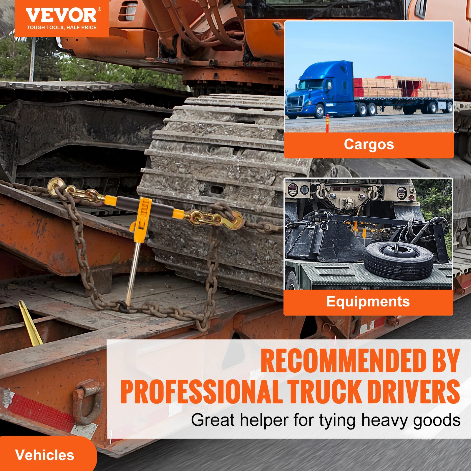 VEVOR 7100lbs Ratchet Chain Binder Tie Down Hauling Load Strap with Detachable Hook Antiskid Handle for Flatbed Truck Trailer