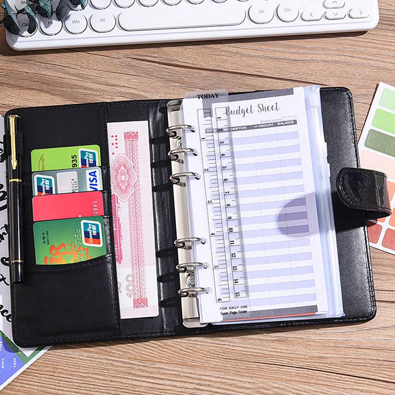 A6 Leather Budget Binder Notebook Notepad Diary Planner Cash Envelopes Pockets for Money Saving Bill Organizer