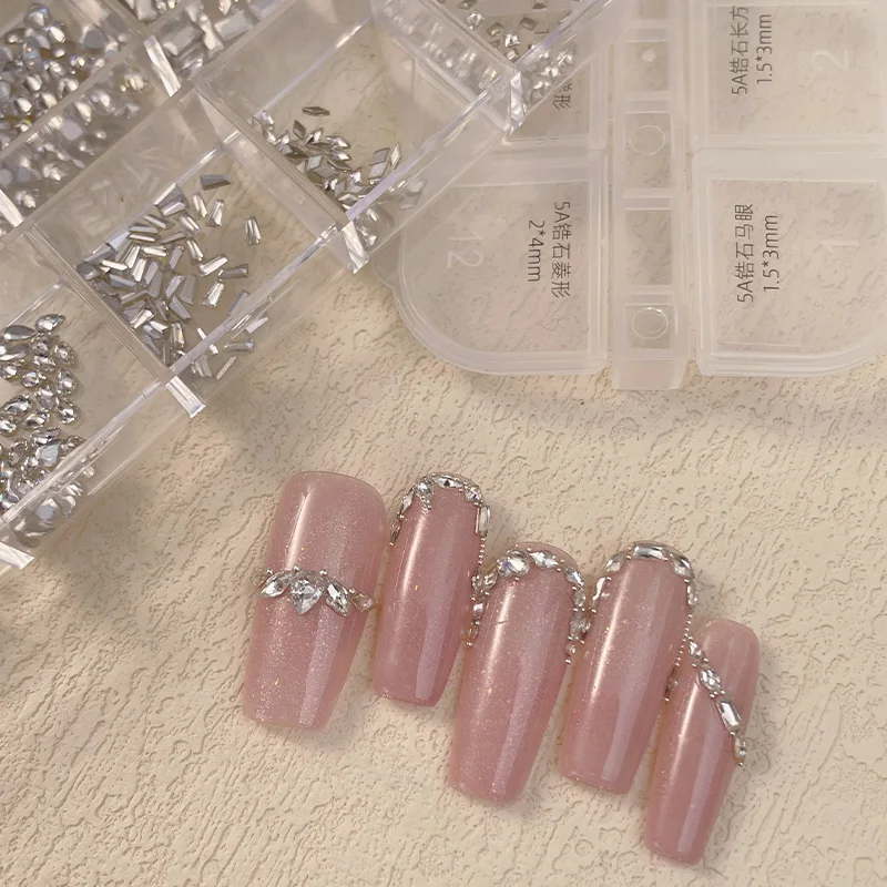 الوردي مزيج الأشكال البريق البسيطة مشطوف زركونيا شقة الظهر الماس مسمار الفن الراين زينة مانيكير الحلي مجموعة