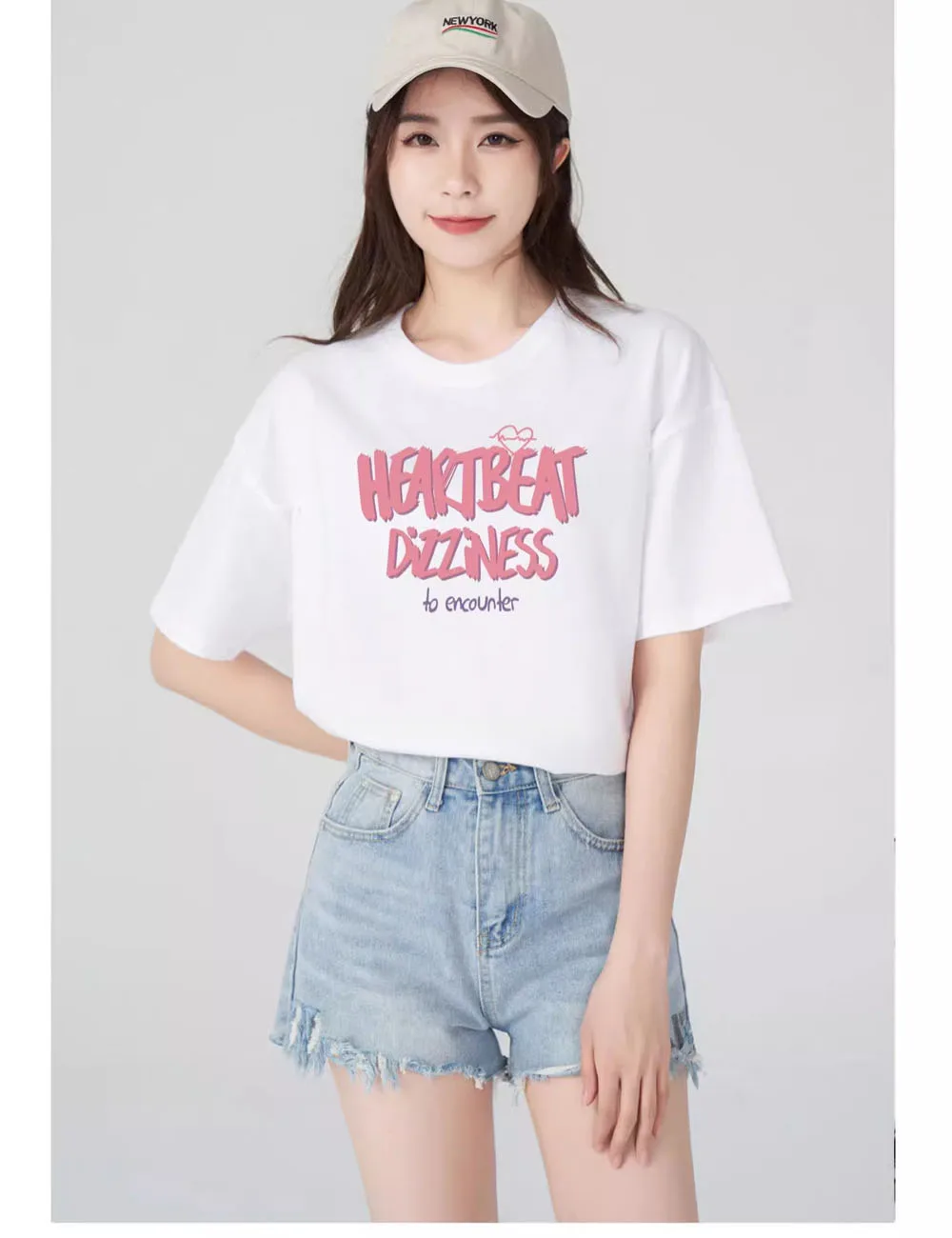 240g Cotton Super Quality Summer Sweet Girl Women Heart Beat Word Print Loose Fashion Short Sleeve T-shirt Top Tee