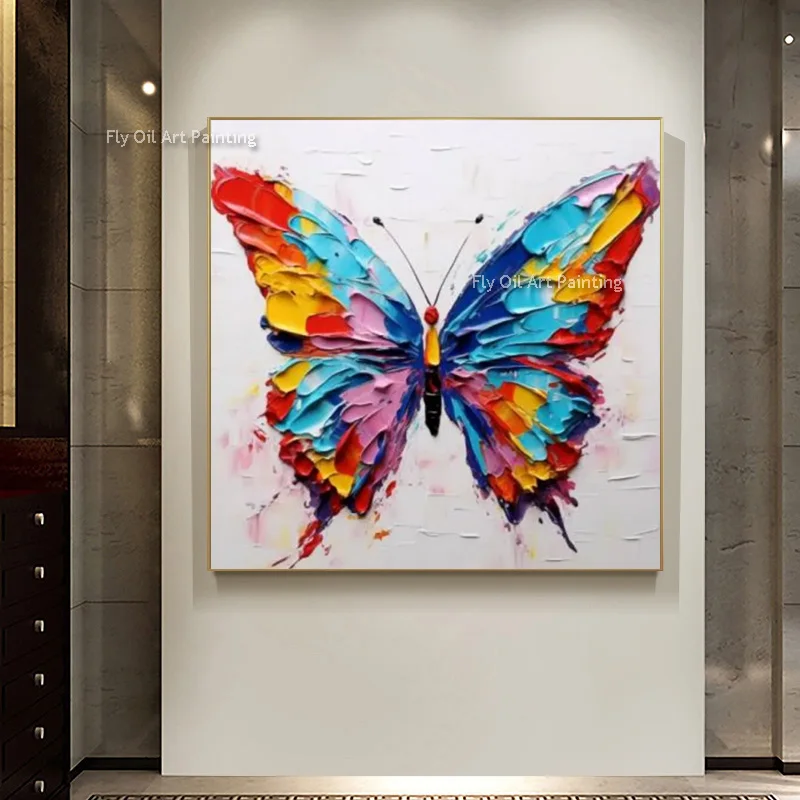 Handmade Blue Yellow Red Butterfly Knife Thick Canvas Oil Painting Simple White Wall Art New Design Artwork For Room Decor