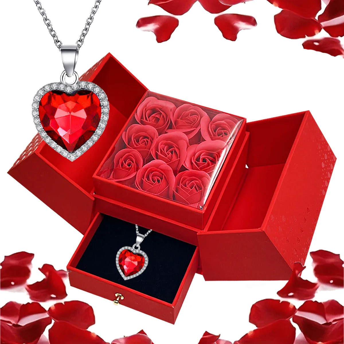 Elegante collar con colgante en forma de corazón con caja de regalo de rosa roja para el día de la madre, el día de San Valentín, los cumpleaños y las ocasiones especiales
