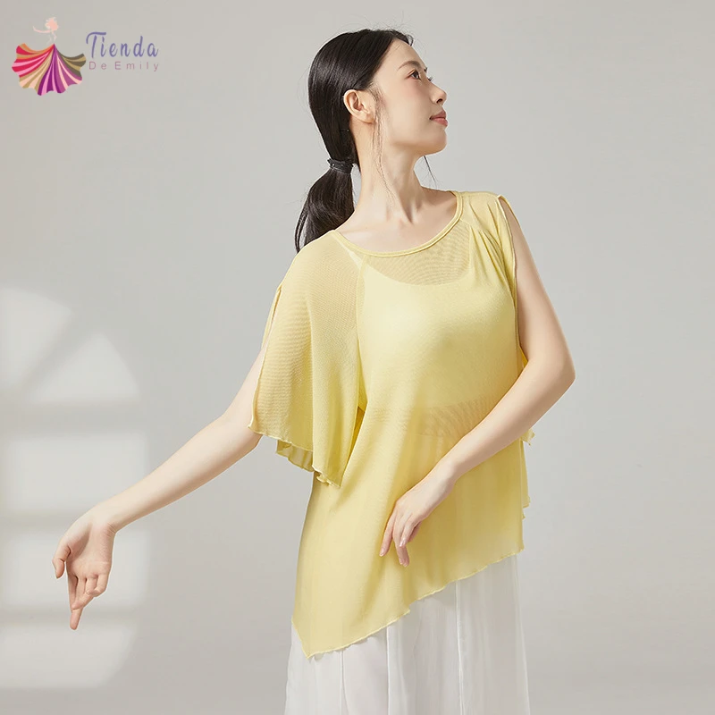 trajes-de-danca-classica-feminina-gaze-malha-superior-dividir-camisa-de-manga-curta-solta-saree-blusas-bainha-irregular-palco-chines-dancewear