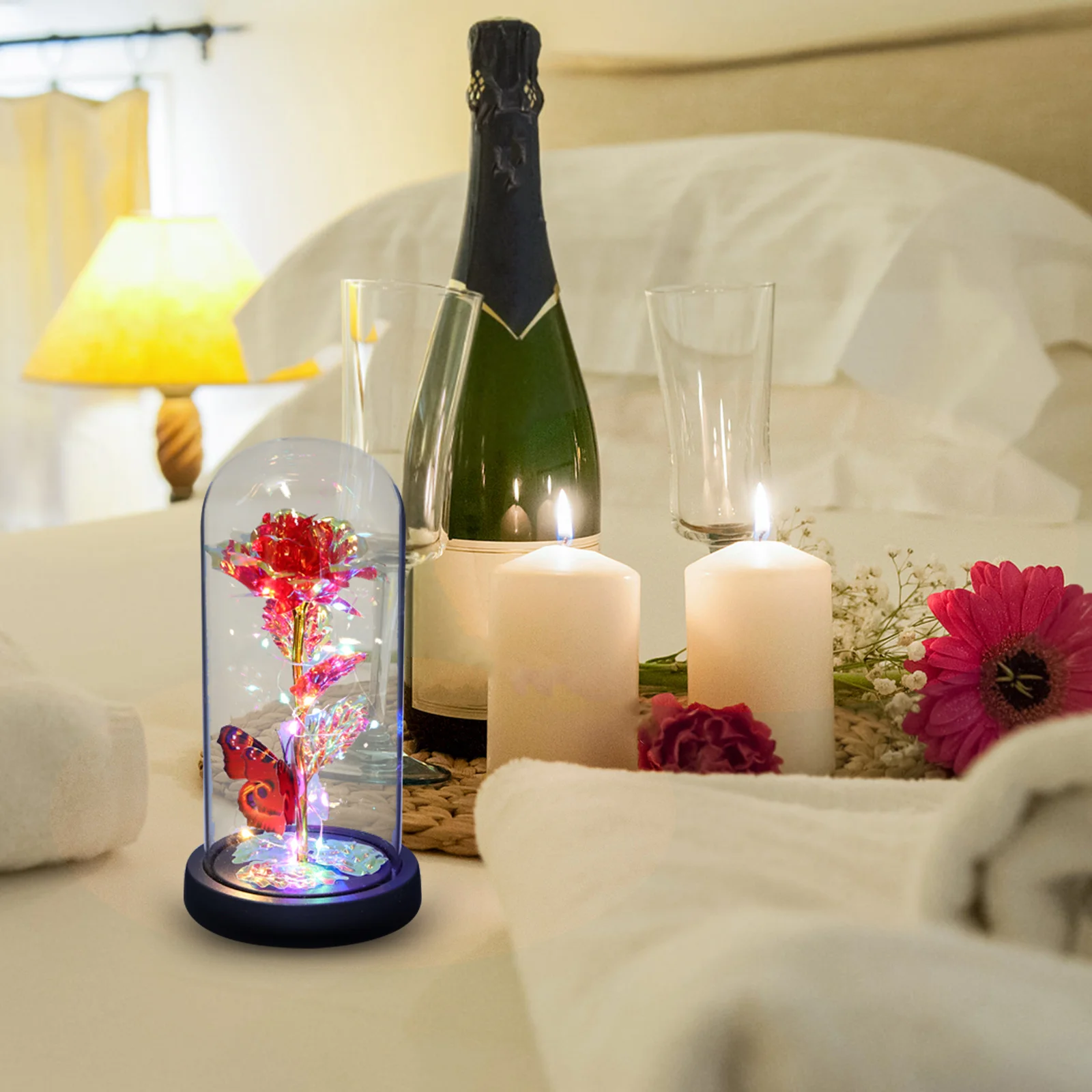 

Decorative Glass Dome Bright Color Preserved Flower Romantic Light Night Lamp Valentine's Day Anniversary Wedding