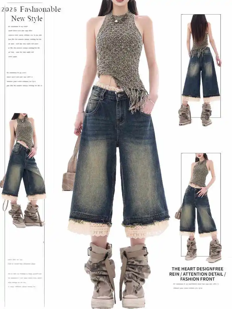 

Летние женские джинсовые брюки длиной до икры 2000-х годов, американские ретро кружевные лоскутные брюки Y2K, уличная одежда в стиле Харадзюку, японский прилив, новинка