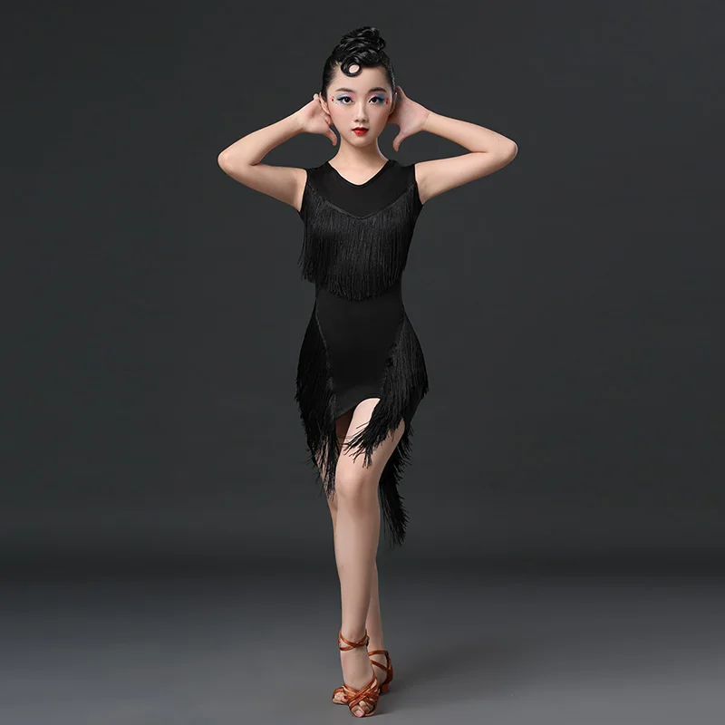 Girls summer Latin dance clothing children\'s competition performance training dress tassel dress girl grade test dress