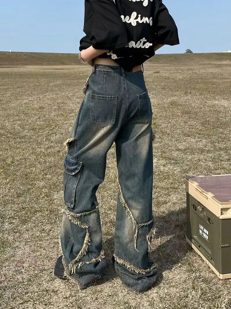 2023 New Vintage High Street Personality Dark Jeans Men's and Women's VIBE American Pentagon Raw Edge Star Wide Leg Pants