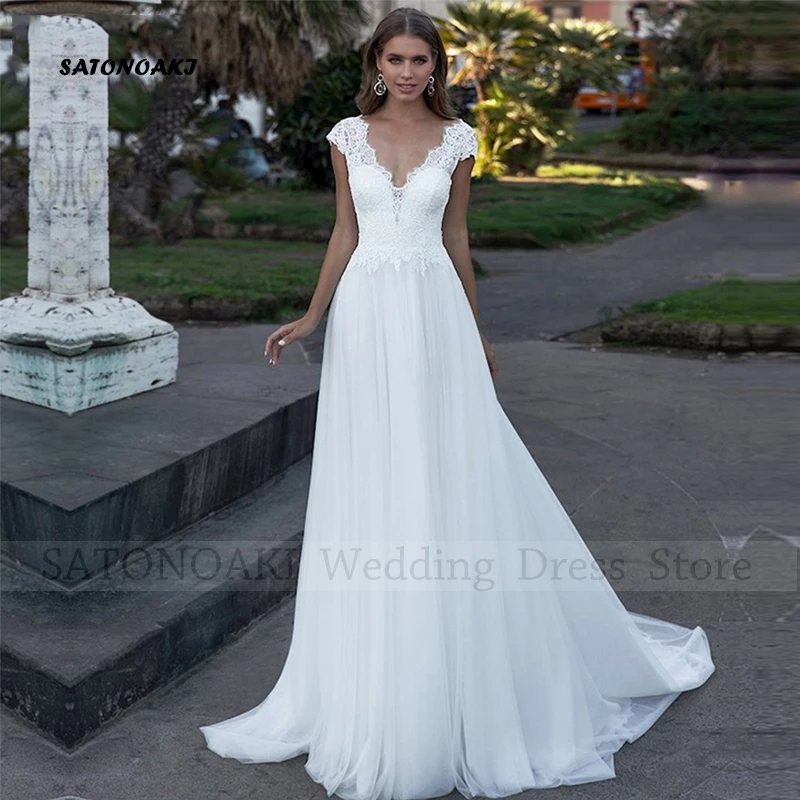 

Elegant Boho Lace Wedding Dress for Women V-Neck A-Line Backless Cap Sleeve Beach Bride Gown Vestido De Novia Custom Robe Mariée