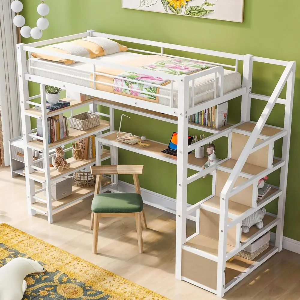 

Metal Loft Bed with Desk, Shelves, Staircase, and Safety Rail for Kids and Adults in White