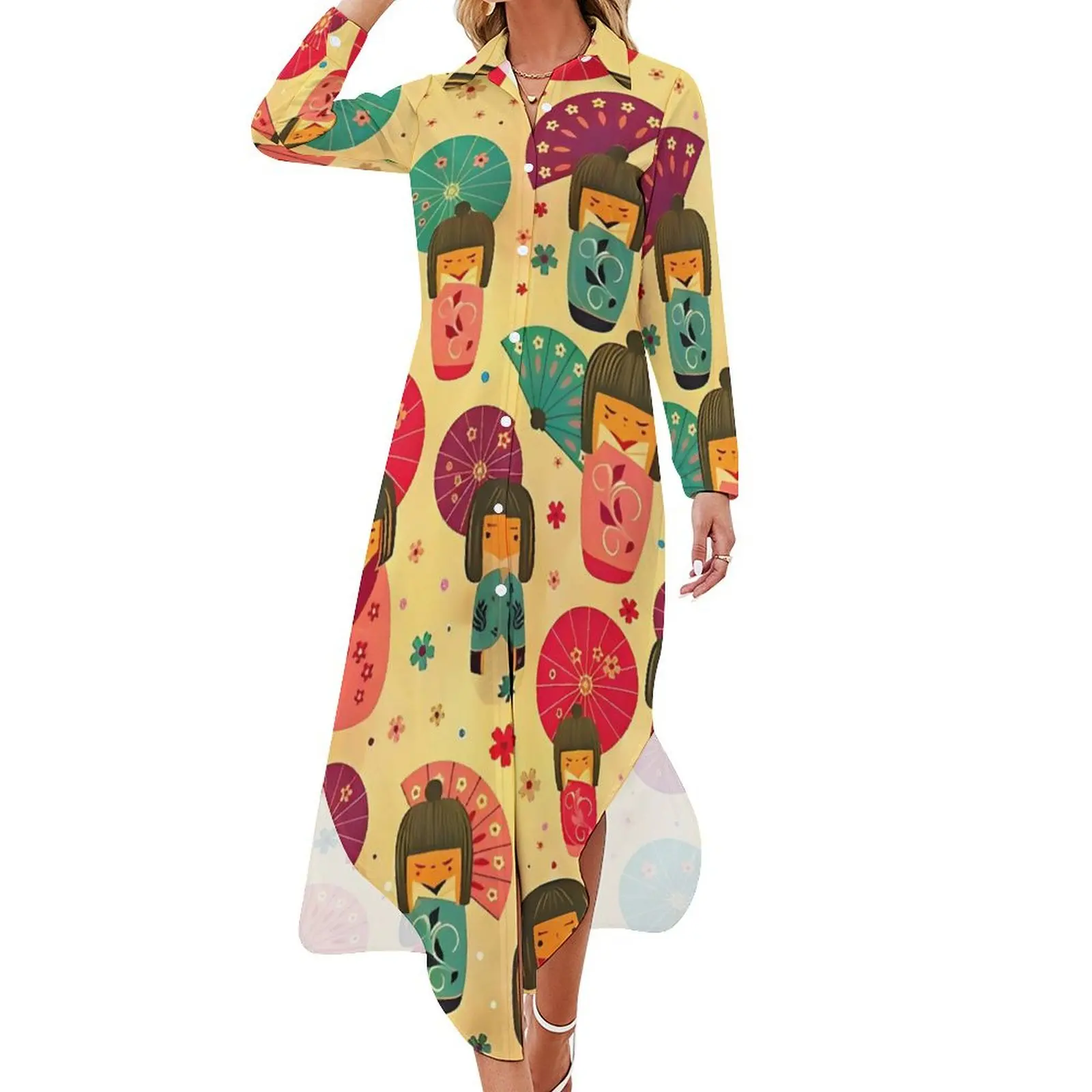 Cute Japanese Dolls Chiffon Dress Kokeshi Pattern Dresses Street Fashion Casual Dress Women Sexy Design Clothing Big Size 5XL