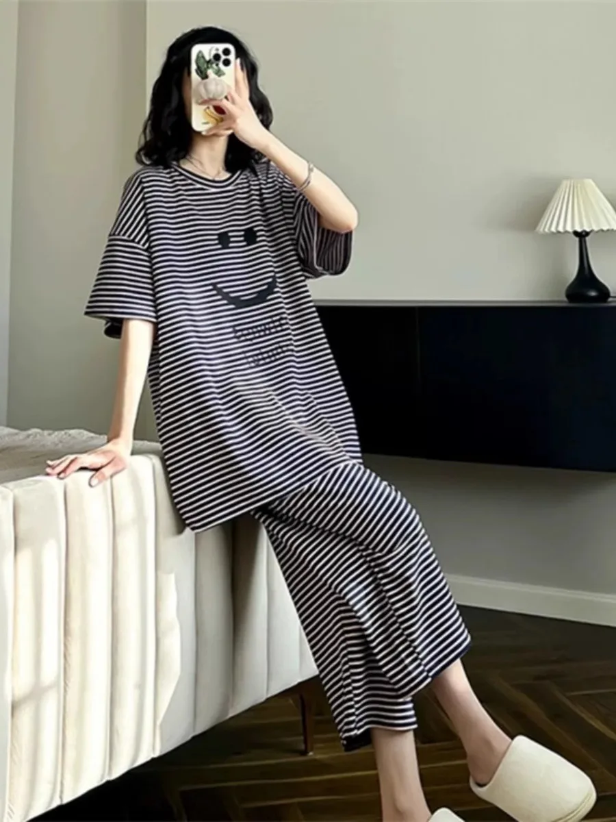 

plus Size 300 Pounds Fat Sister Summer Striped Sleepwear Set Women Casual Short Sleeve Home Clothes Two Piece Set