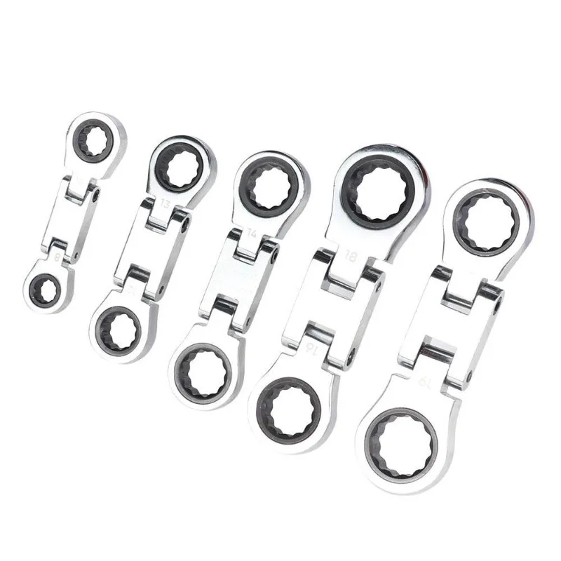 5pcs 8‑19mm Flexible Head Ratchet , Swivel Double End Ring Spanner Set with Portable Storage Bag for Vehicle Maintenance Work