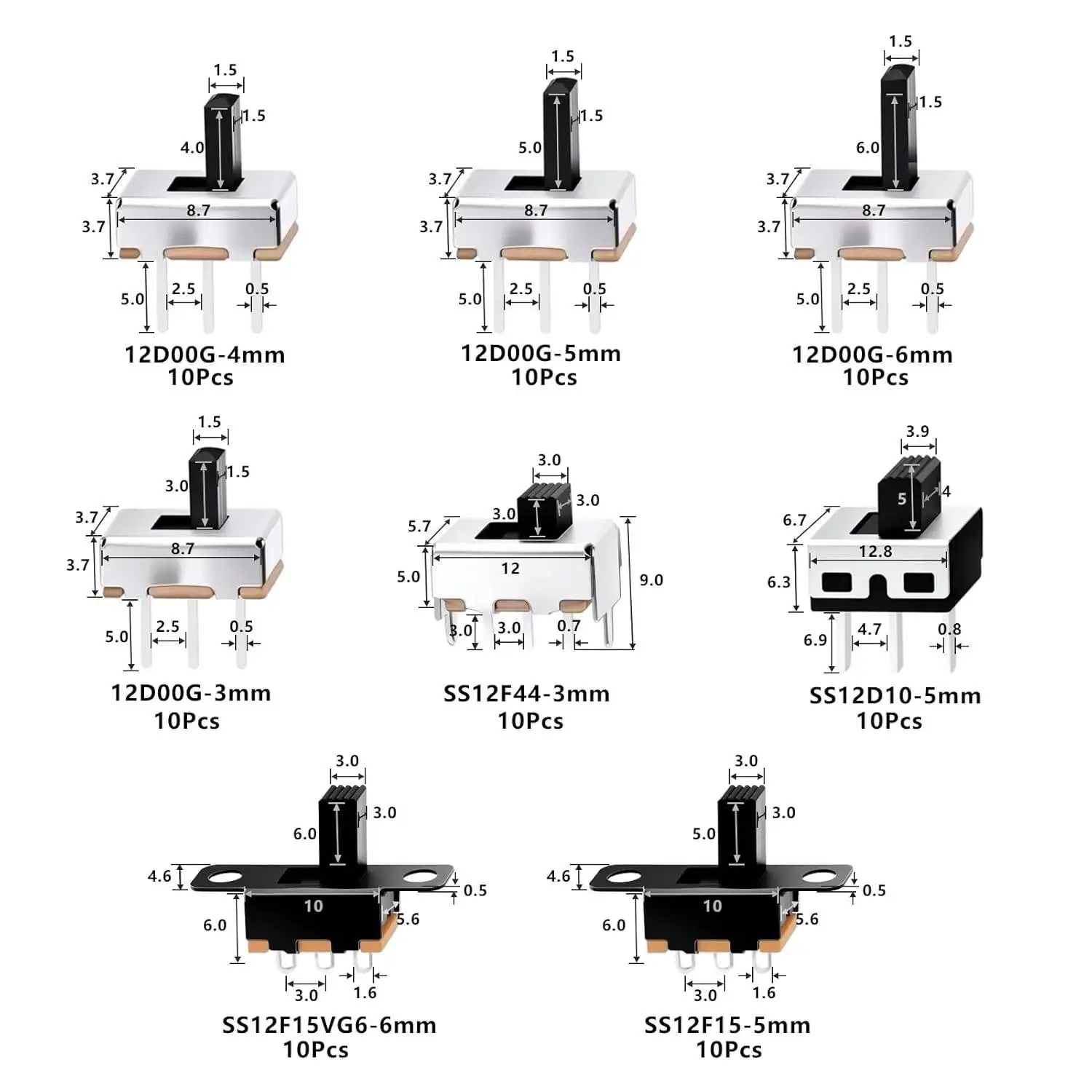80 8 kinds of toggle switches, 80PCS, directly inserted into small micro power supply, 3-pin key sliding, 2-gear SS12F15.