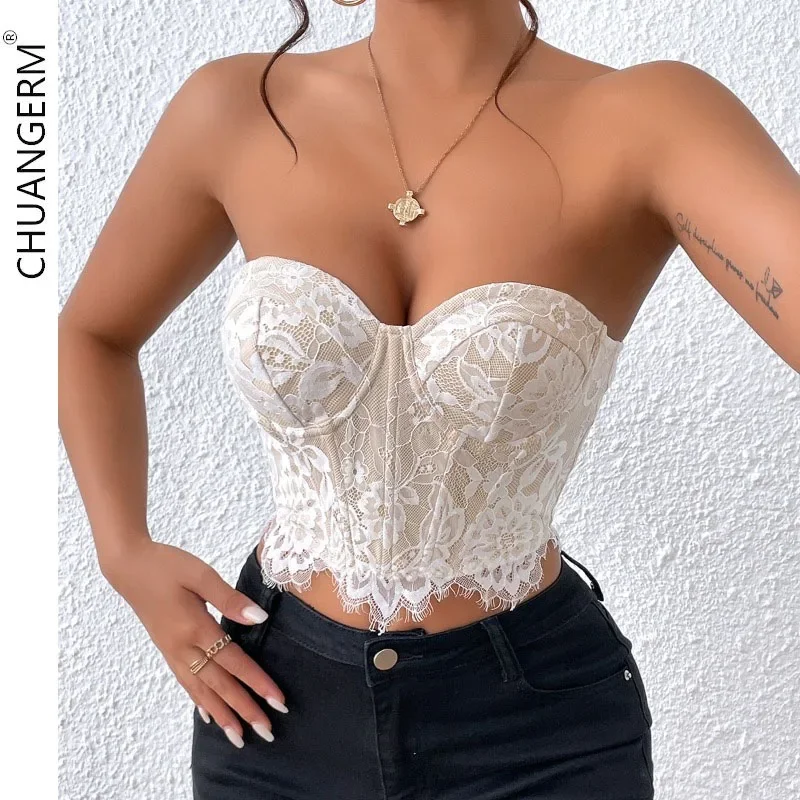 

CHUANGERM Sexy Lace Sleeveless Bare Shoulder Crop Top Corset Embroidery Floral Tube Top Strapless Fishbone Backless Camisole