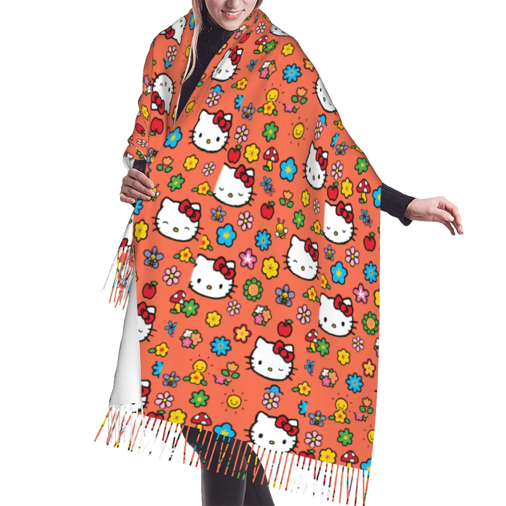 Custom Kitten Cat Cartoon Scarf Wrap for Women Long Winter Warm Tassel Shawl Unisex Anime Scarves