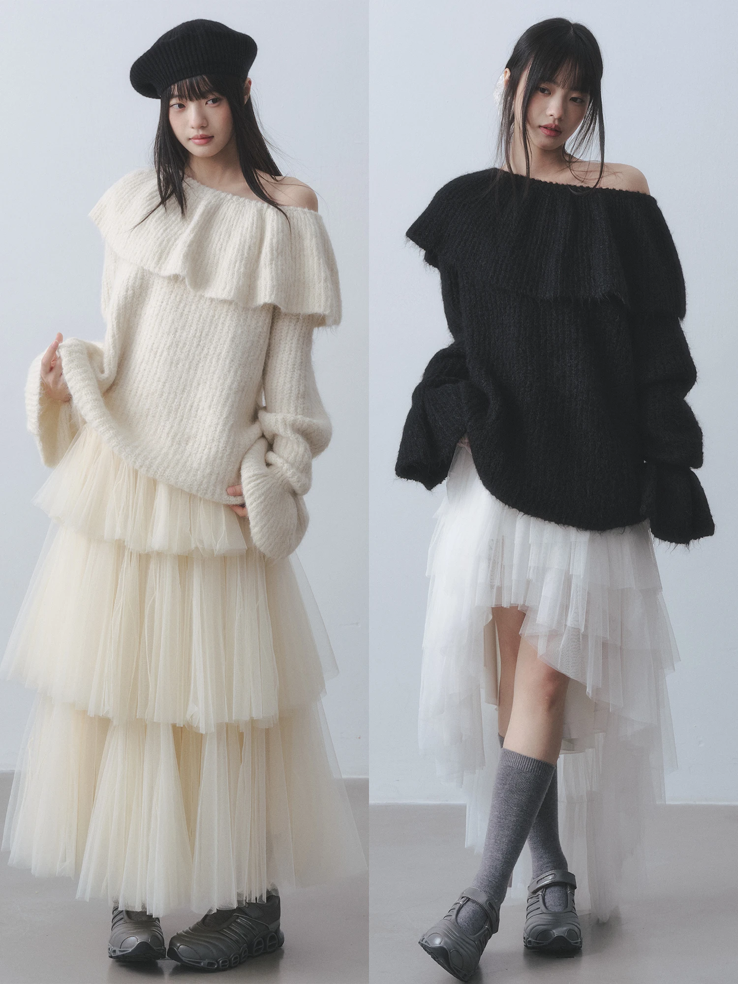 

Dirl Sweet Sle Loose Fit Knitted Sweater oulder Bared Le Collar Outerwear Soft Polyester Blend Long Sve Winter Top