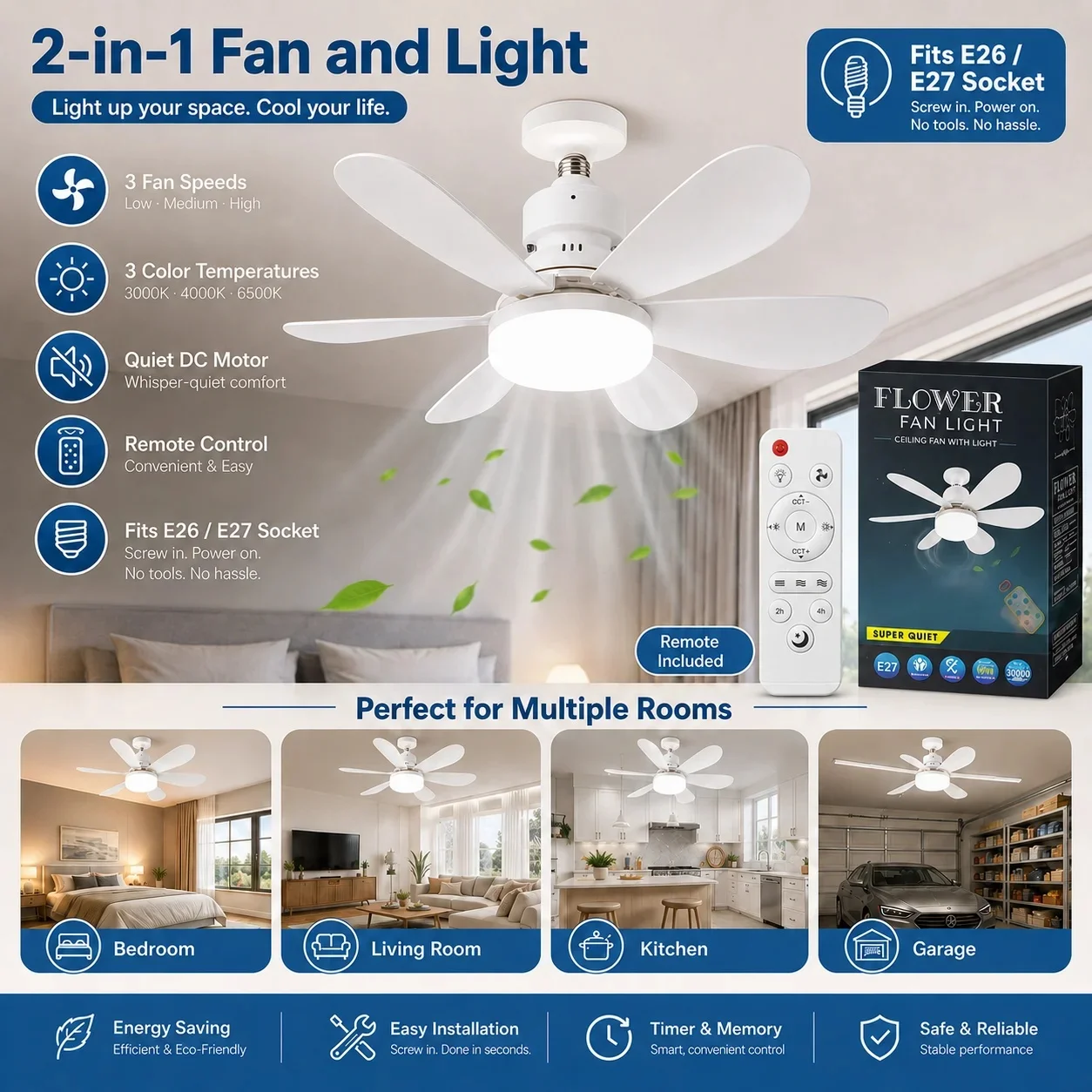 2026 New E27 Ceiling Fan Light 6 Blade 30/40W LED Remote 3 Speed Silent 3 Color Dimmable Install Bedroom Kitchen Home