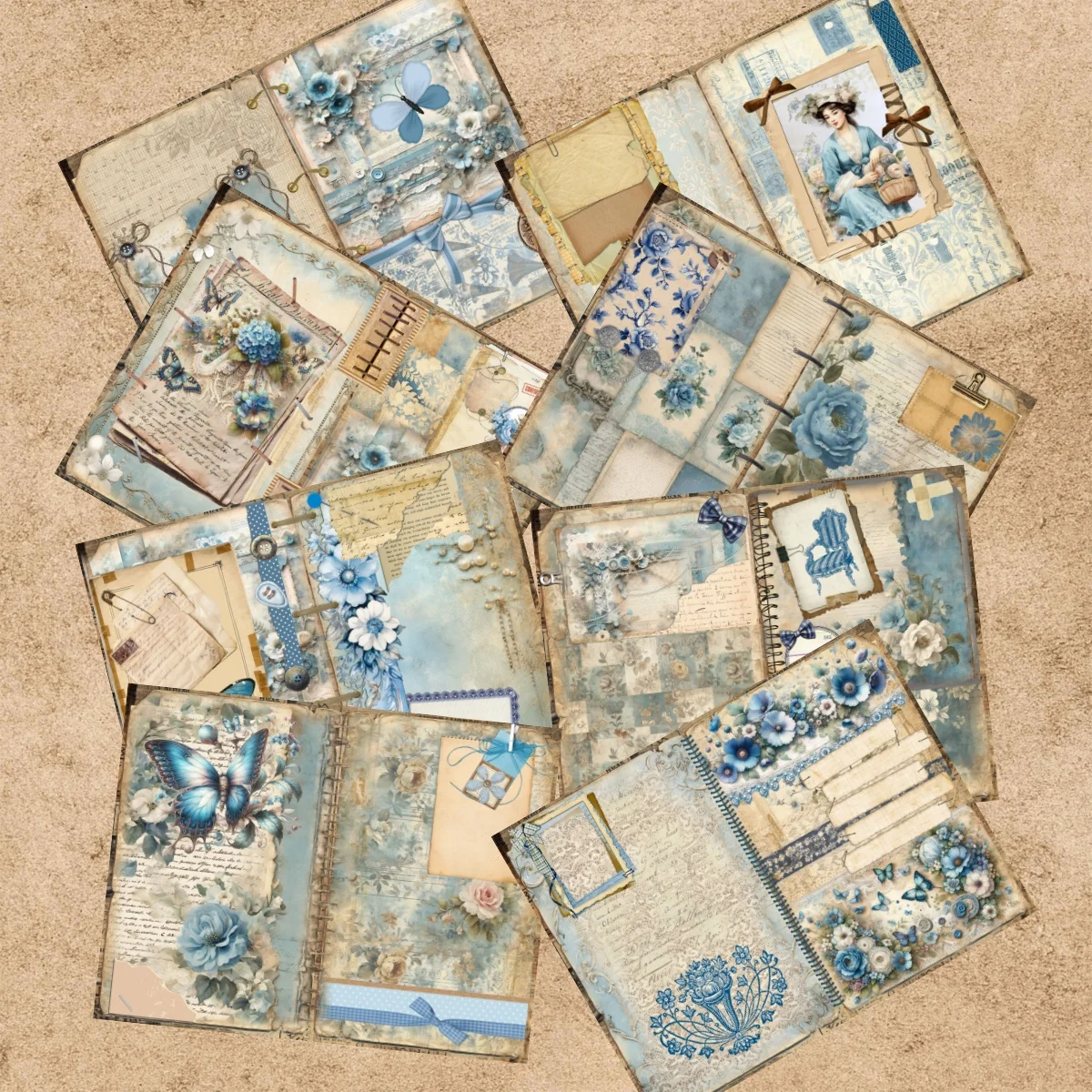 15 Sheets A5 Size Blue Collage Flowers Label Butterfly Collage Background Vintage Grunge Journal Planning Scrapbooking