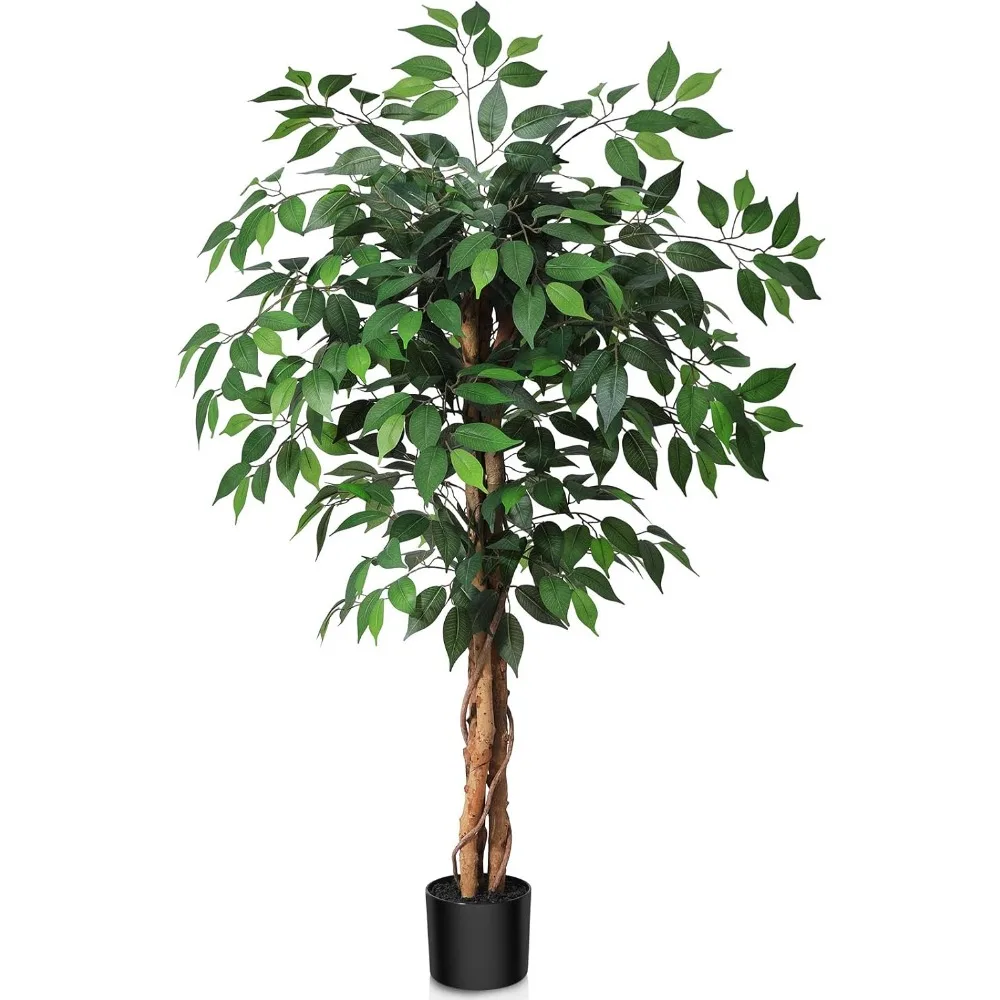 

4ft Artificial Ficus Tree with Natural Wood Trunk, Silk Fake Ficus Tree in Plastic Nursery Pot, Faux Plant for Office Home, Indo