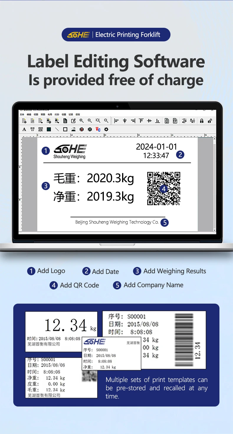

SOHE High-quality 1-3t Narrow Forklifts Workshop Equipment Electric Pallet Truck with Scale Label Printing Scale