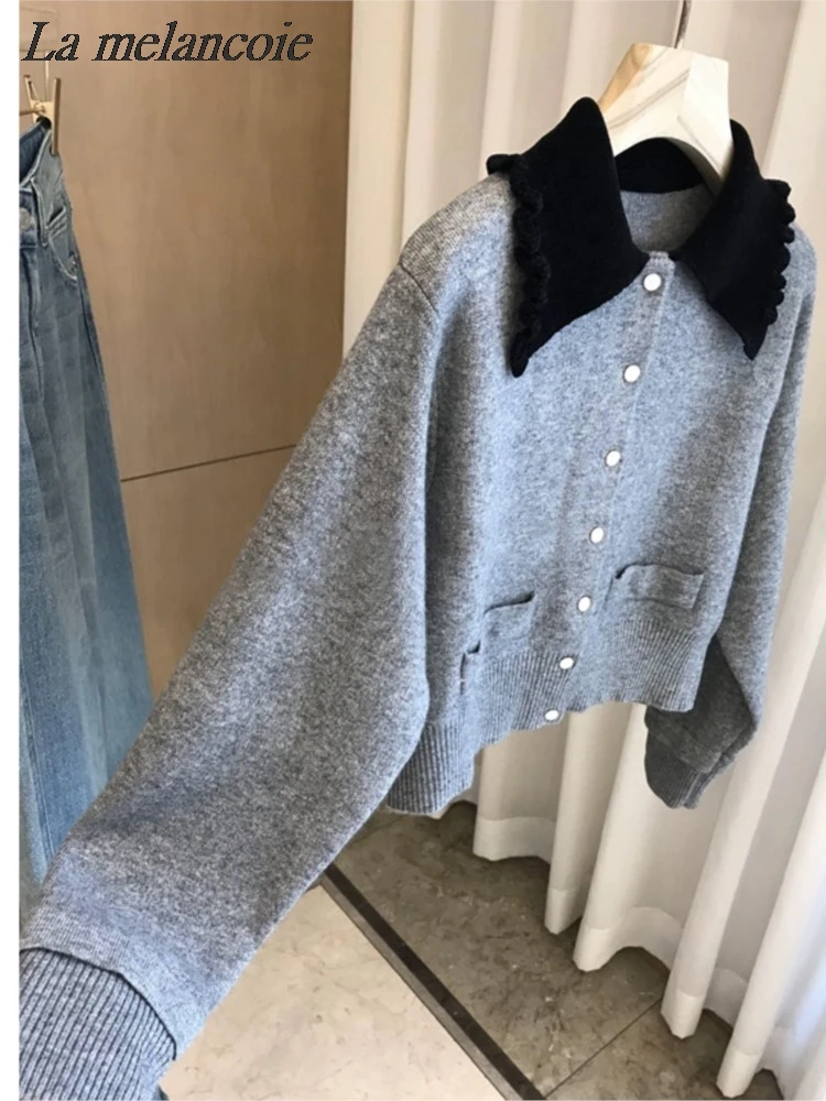 Gray Cardigan Knitted Sweater For Women Autumn Winter 2024 New Fashion Button Up Contrasting Color Doll Neck Short Sweaters Chic