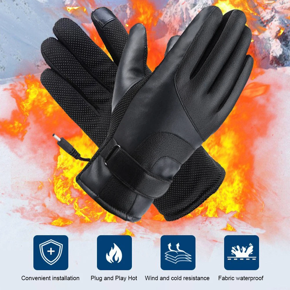 Heizung Thermohandschuhe 12V Winter Fahrradhandschuhe Winddichte thermische winddichte Fahrradhandschuhe Wasserdichtes PU-Leder zum Skifahren Wandern