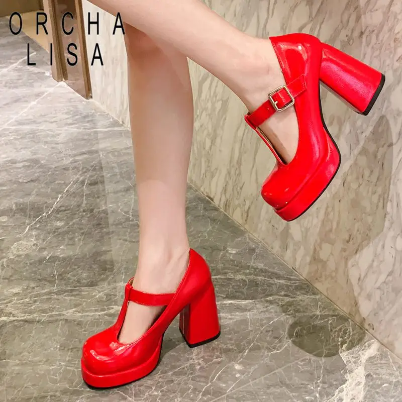 

ORCHA LISA Модные блестящие женские туфли-лодочки с круглым носком, каблук 9,5 см, платформа 2 см, с пряжкой и Т-образным ремешком, большие размеры 42, 43, 44, 45, летние