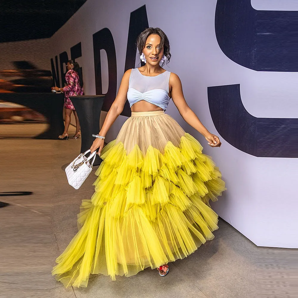 

African Women Long Tulle Skirts For Women Fashion Shows Bridal Skirt High Waist Puffy Tulle Long Evening Party Skirt