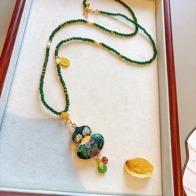 Vintage Song Brocade Pendant Necklace Sweater Chain Women's Handmade Tassel Gourd Butterfly Chinese Embroidery Accessory Gift