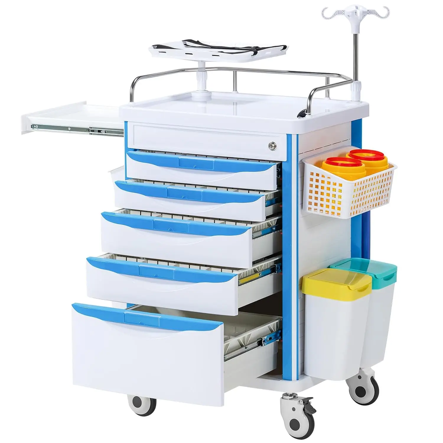 5-Tier Medical Cart, Hospital Emergency Rolling Crash Carts with Adjustable IV Pole, Silent Casters, Trash Bin & O2, Customized