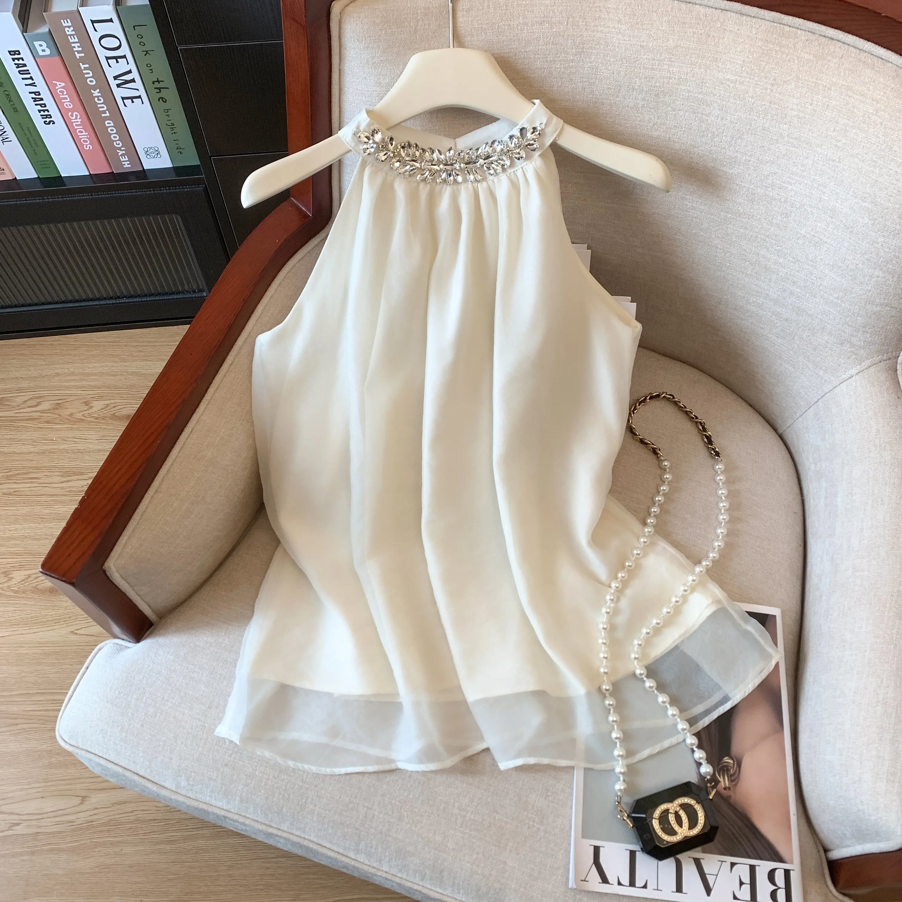 النمط الفرنسي الماس سترة بلايز 2026 الصيف ملابس حريمي بلا أكمام معلقة الرقبة البلوفرات بلوزة فضفاضة الحلو سيدة قميص #3