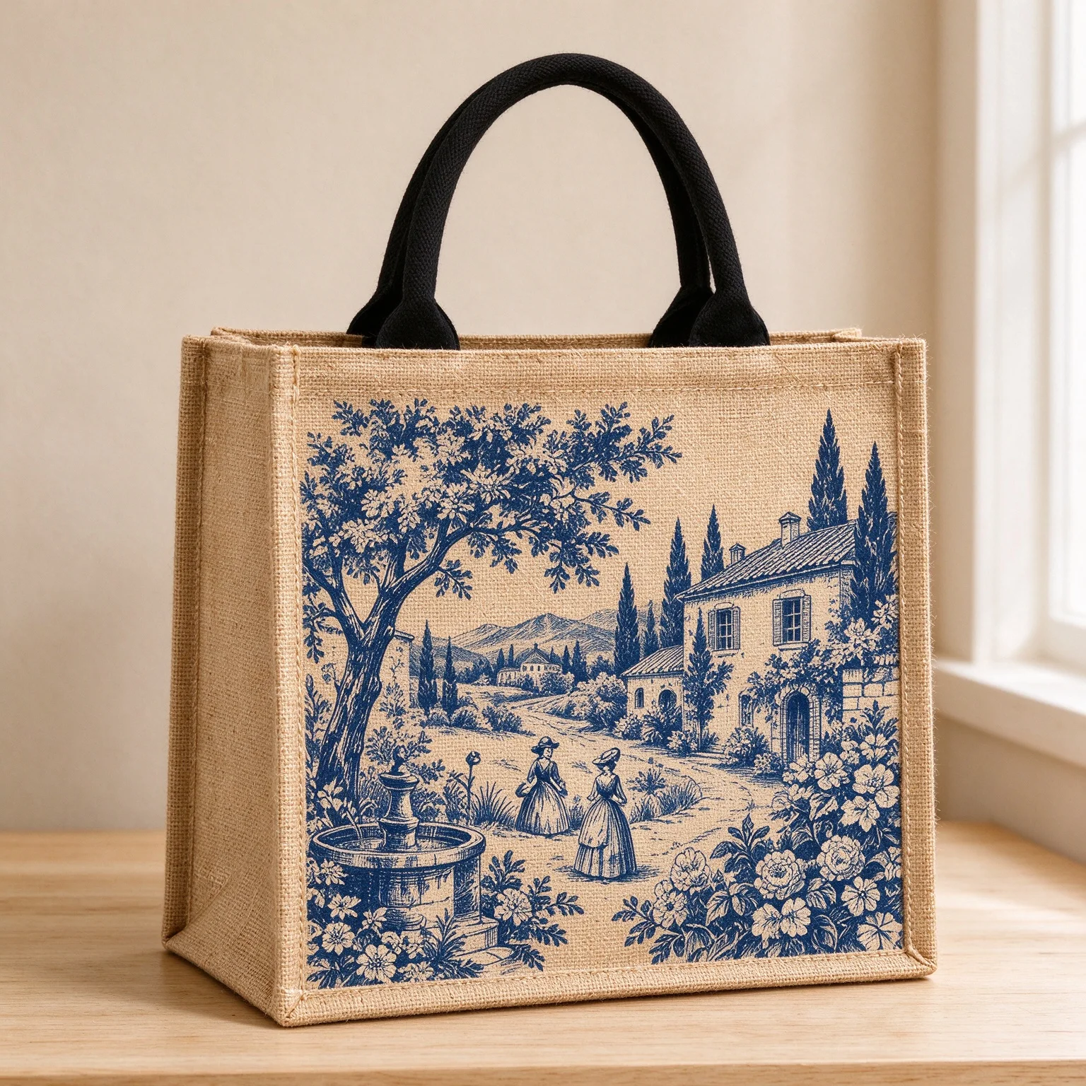 Vintage Blue Toile de Jouy Jute Tote Bag, French Country Scenic Print Reusable Shopping Bag for Women