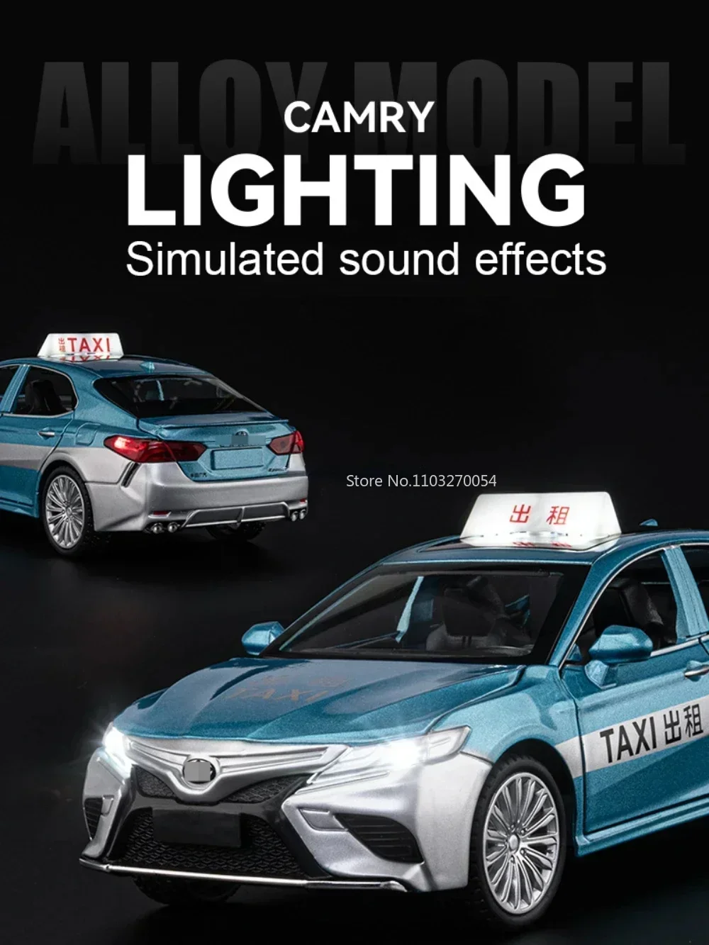 Modèle de voiture Camry Taxi en alliage pour enfants, haute simulation, métal moulé sous pression, son et lumière, véhicules arrière côtelés, cadeaux pour enfants, jouets de collection, 1/24