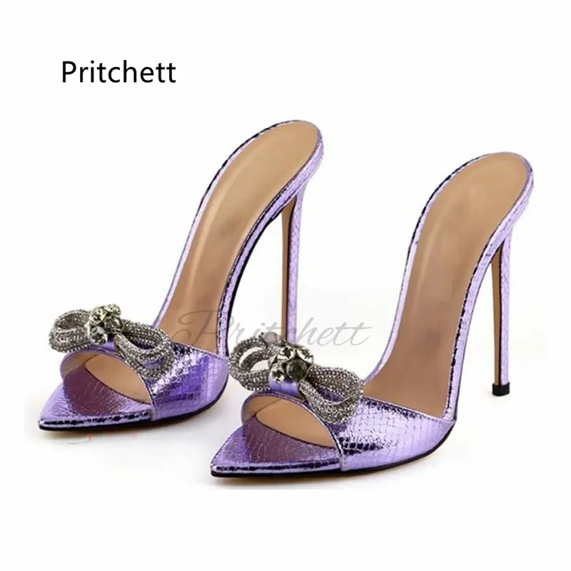 

Rhinestone Butterfly Knot Stiletto Slippers for Women Pointed Toe 12Cm High Heels Sexy Leather Pull On Shiny Summer Party Shoes