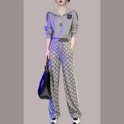 Spring and Autumn Women's Fashion High-end Casual Short Long Sleeve Sweatshirt Trousers Letter Printed Sportswear Set