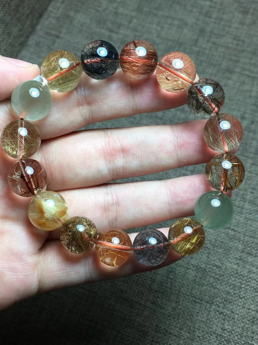 Natural Copper Black Rutilated Quartz Bracelet Gold Green Rutilated 13mm Clear Round Women Bracelet AAAAAA