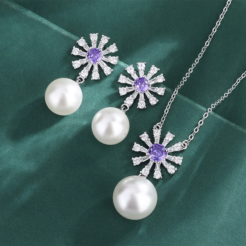 brand genuine Luxury real jewels New Emerald Pendant Purple Australian Fritillaria Pearl Necklace Earrings high quality