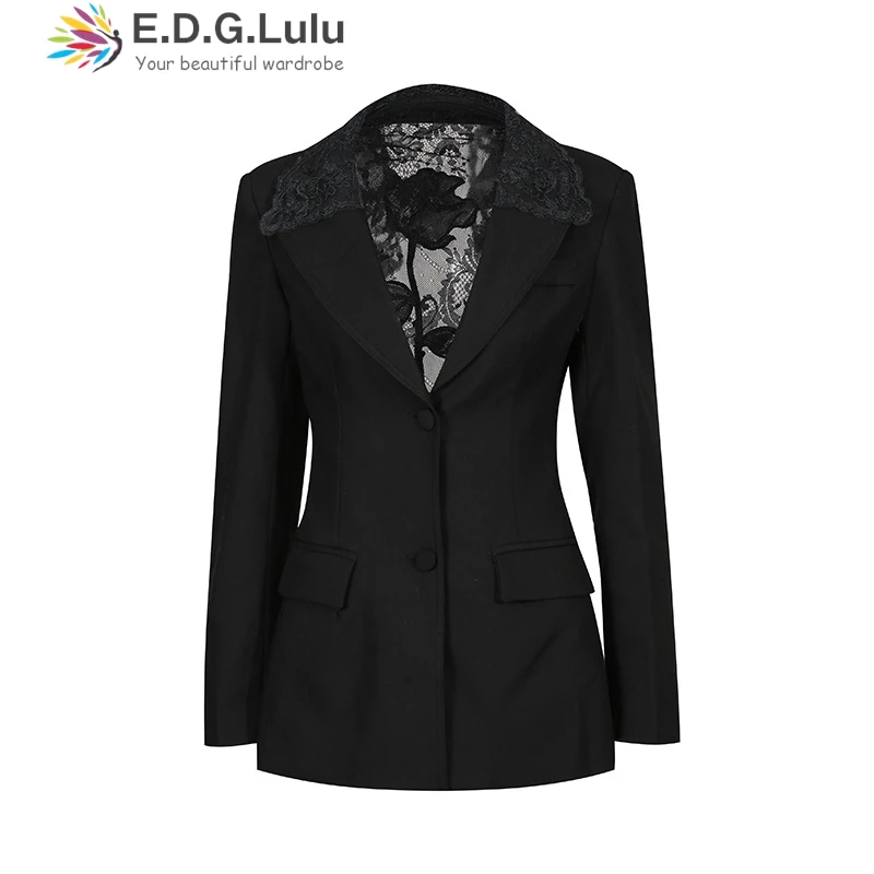 EDGLuLu 2025 جديد مثير عارية الذراعين جوفاء الدانتيل الربط بدلة سوداء سترة بدوره إلى أسفل طوق بأكمام طويلة مكتب سيدة السترة 1028