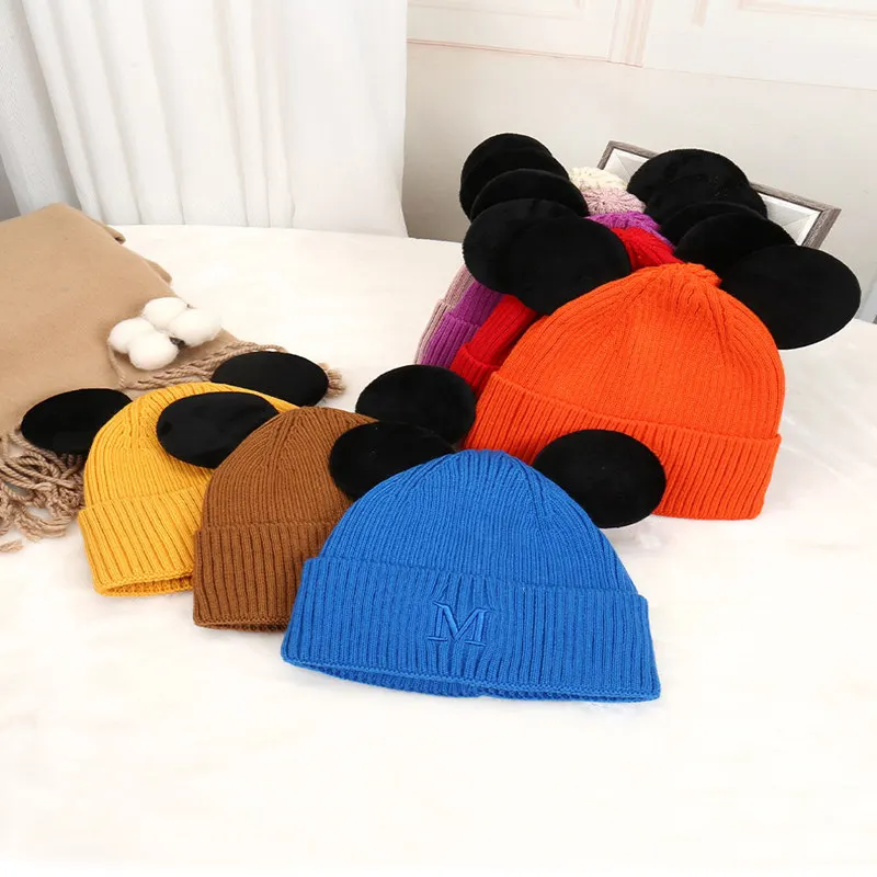 

2022 new cartoon cute ear wool hat M letter embroidery knitted hat autumn and winter double-layer thickened warm hat