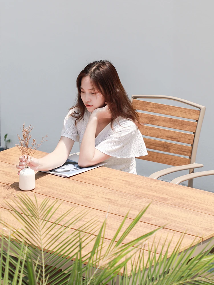 Outdoor plastic wood tables and chairs, courtyard garden leisure outdoor long table combination, open-air commercial waterproof