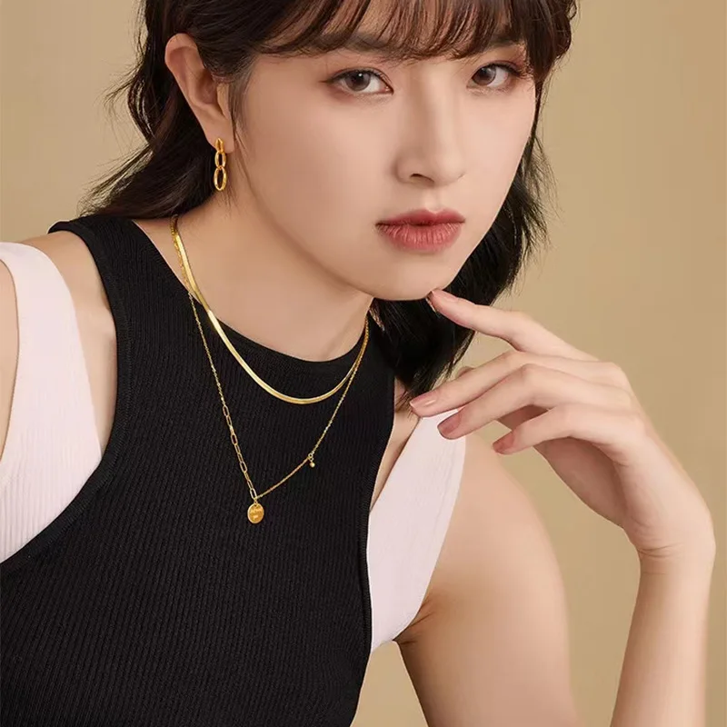 النمط الأوروبي والأمريكي 9999 24K الذهب الحقيقي قلادة مستديرة رسائل قلادة مستديرة تيشيرت صيفي سلسلة مجوهرات