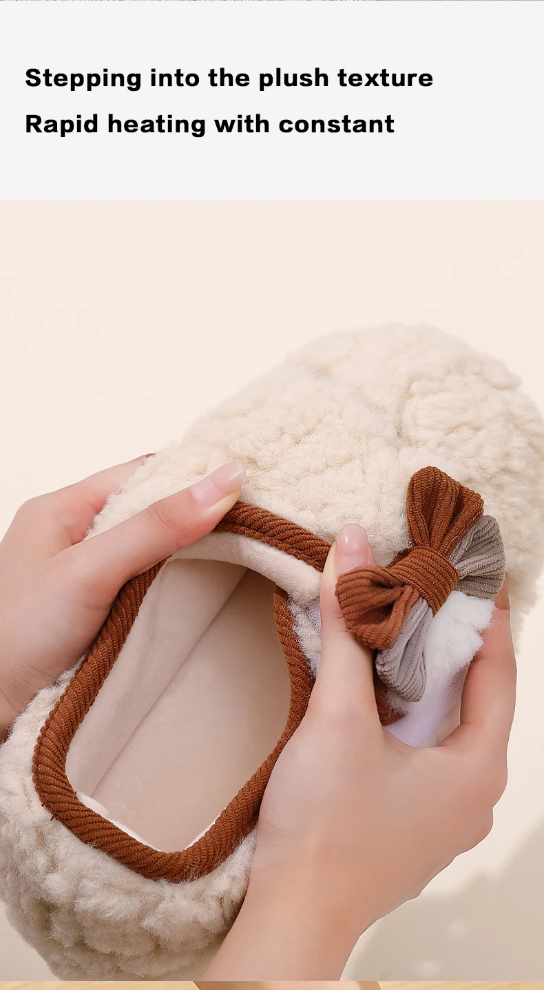 Niedliche Schleifen-Winterhausschuhe für Damen, flauschige Lammfell-Hausschuhe, weiche Plüsch-Warmstiefel mit vollständiger Fersenumhüllung, dicke Sohle, Indoor-Mules. – Detail 3